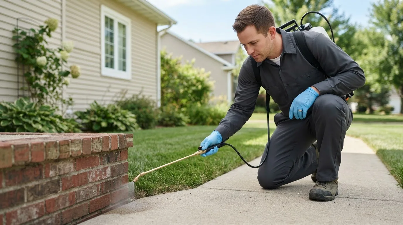 Pest control technician treating a home near Marietta, OH
